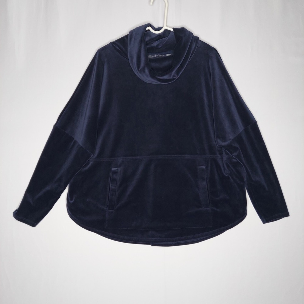 Anybody Velour Sweatshirt Women Medium Blue Stretch Cowl Neck Pocket Long Sleeve